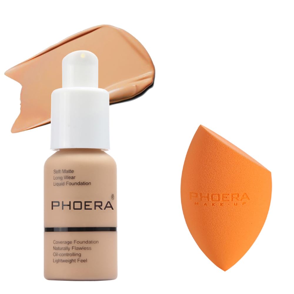 PHOERA Foundation - Flawless Soft Matte Liquid Foundation with 24 HR Oil Control and Concealer, Full Coverage Makeup for a Smooth, Long-Lasting Look, Waterproof 30ml (102 Nude) Halalzen