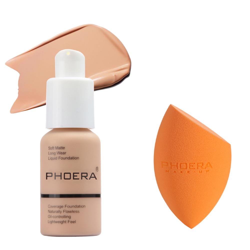 PHOERA Foundation - Flawless Soft Matte Liquid Foundation with 24 HR Oil Control and Concealer, Full Coverage Makeup for a Smooth, Long-Lasting Look, Waterproof 30ml (102 Nude) Halalzen