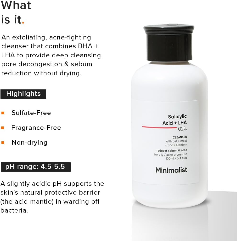 Minimalist 2% Salicylic Acid Face Wash for Oily Skin | Sulphate free, Anti Acne Face Cleanser With LHA & Zinc For Acne or Pimples | Men & Women, 100 ml (Pack of 1)