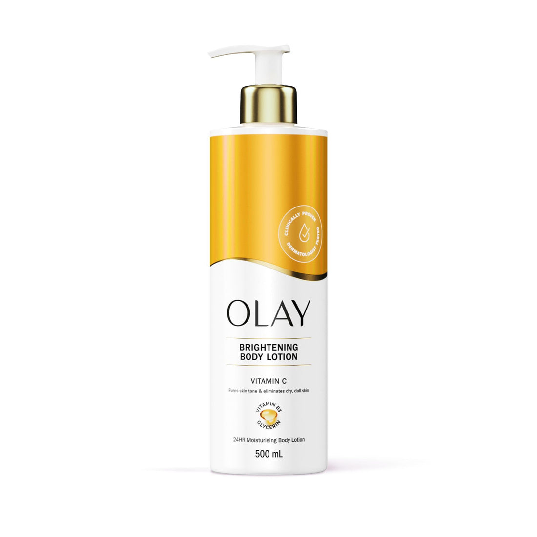Olay Vitamin C Brightening Body Lotion, 24HR Moisturising Cream for Full Body Skin Care, Evens Skin Tone, with Vitamin C, Vitamin B5 B3, Glycerin, Smooth and Moisturised Skin, No Greasy Residue, 500ml