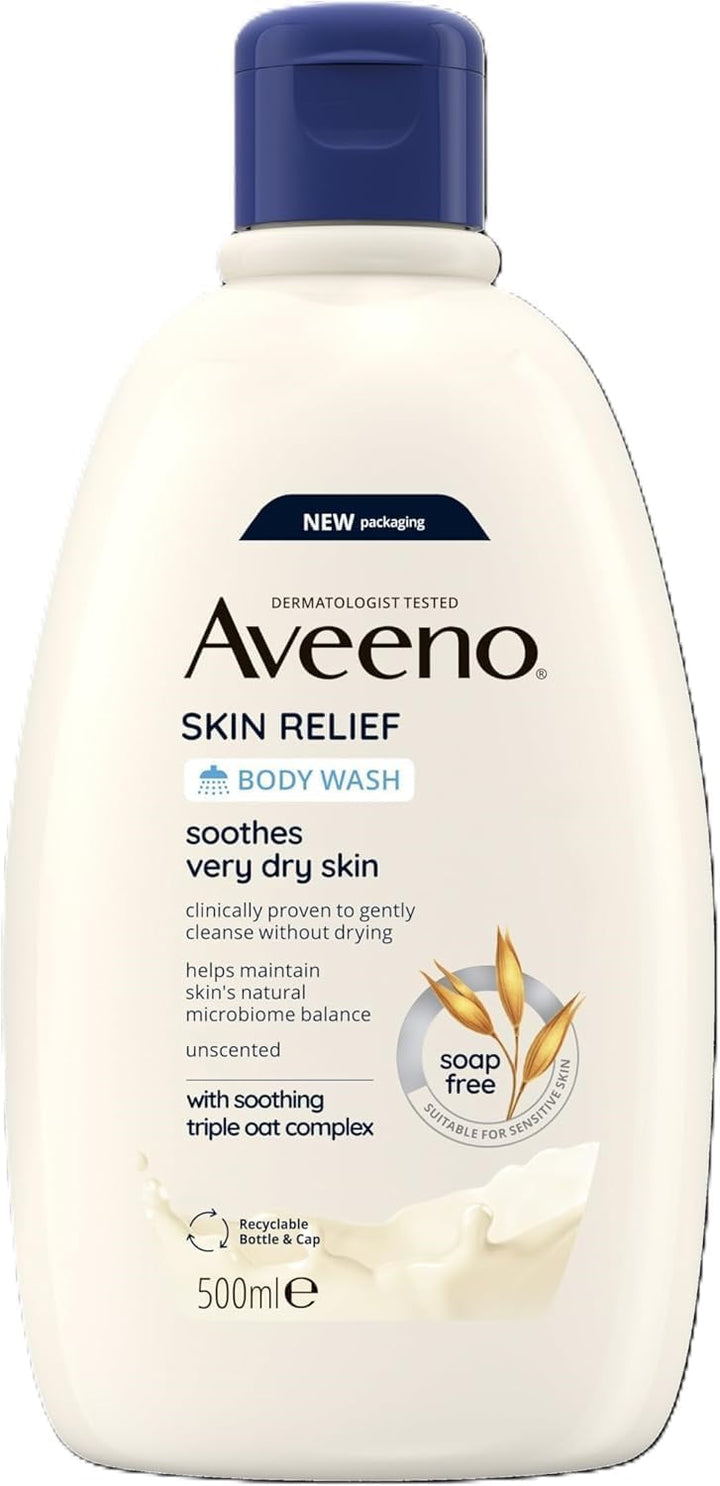 Aveeno Skin Relief Moisturising Body Wash (1x 500ml), Gentle Cleansing Wash with Soothing Triple Oat Complex, Soap-Free, Unscented for Sensitive and Very Dry Skin Halalzen