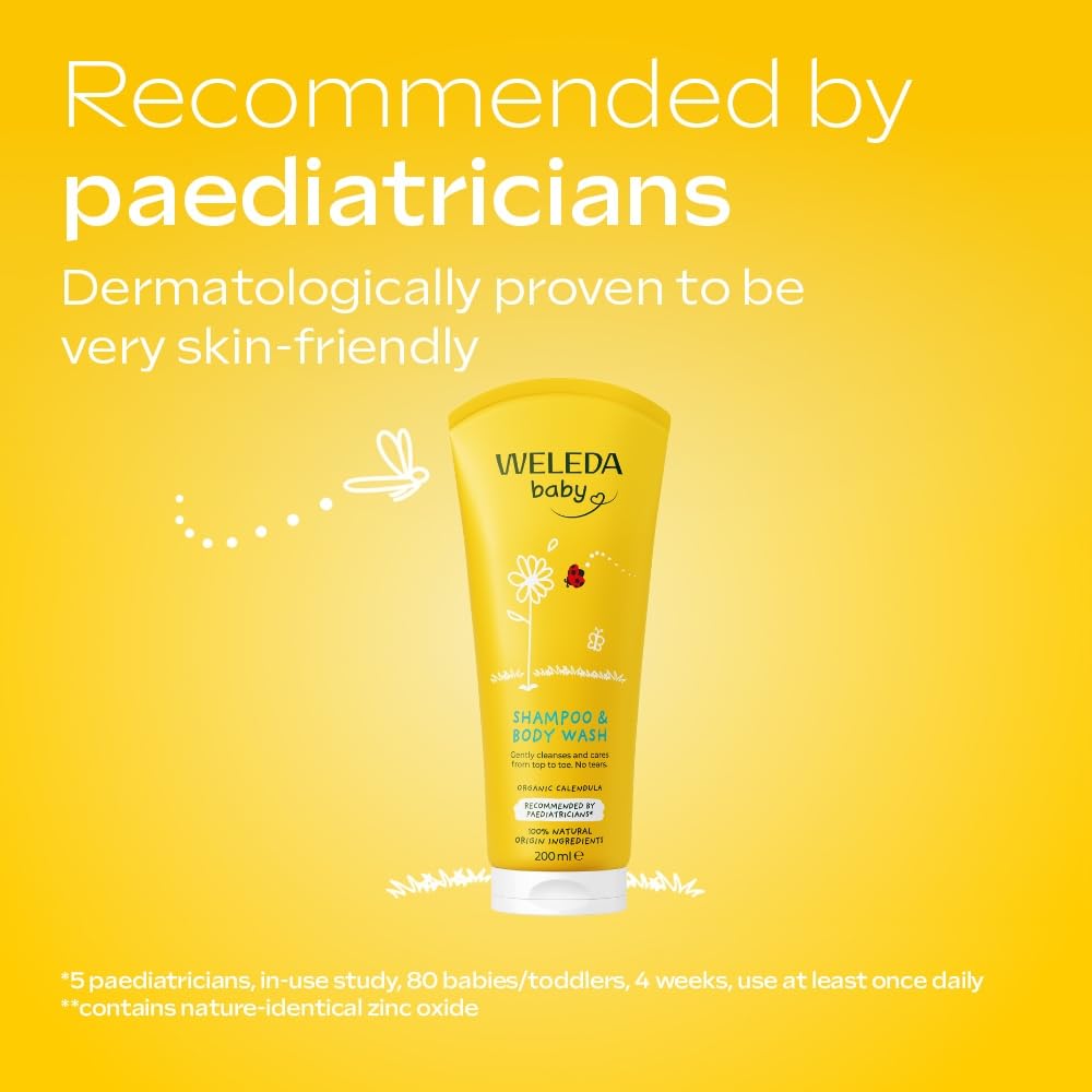 Weleda Baby Shampoo & Body Wash w. Calendula, Sensitive Kids Shampoo & Baby Bath Wash, Baby Face Wash & baby Shower Cream in One, by Weleda Baby Skincare - 200ml