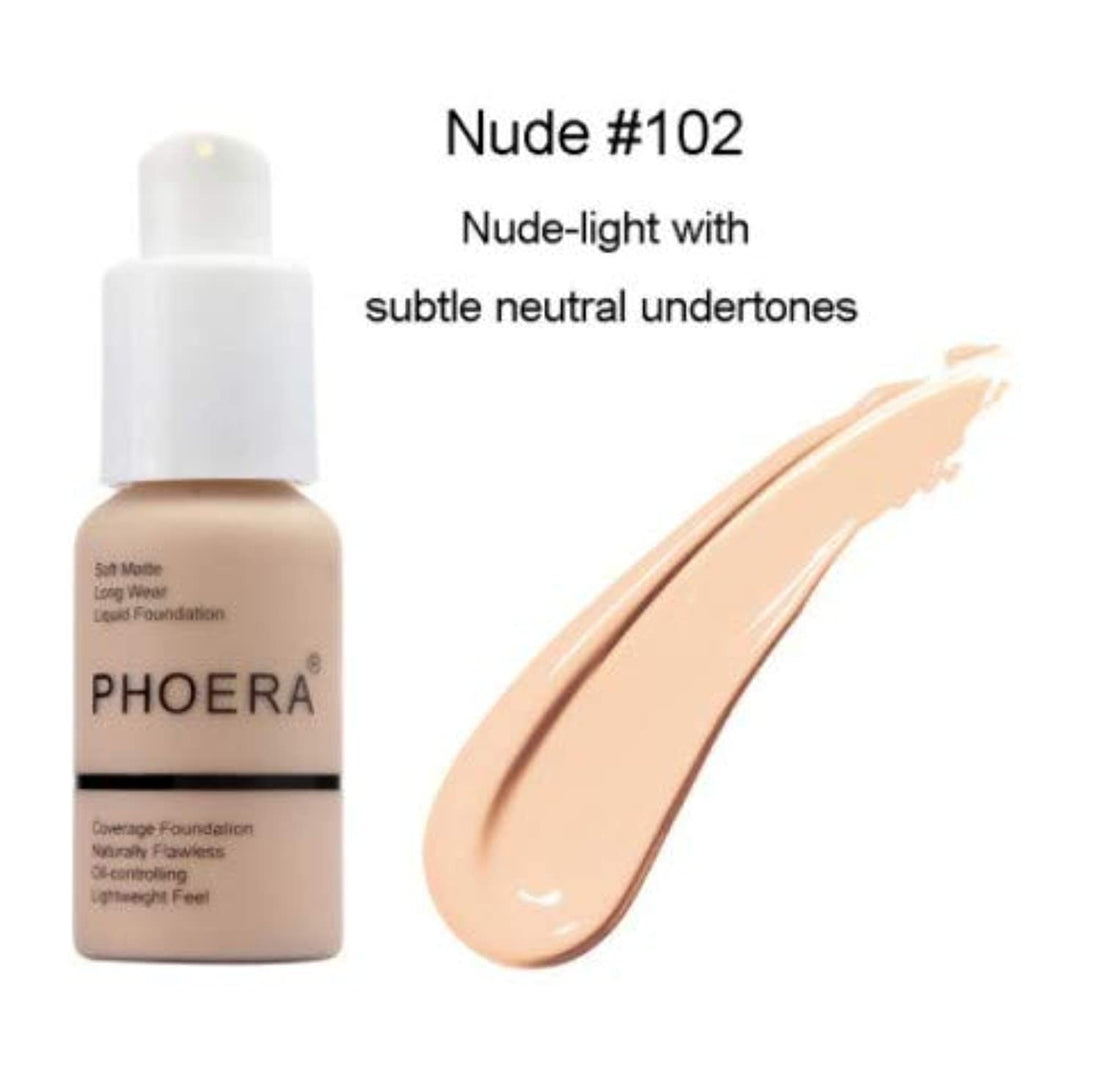 Aquapurity Phoera® Full Coverage Foundation Soft Matte Oil Control Concealer 30ml Long Lasting Flawless Cream Smooth (102 NUDE) Halalzen