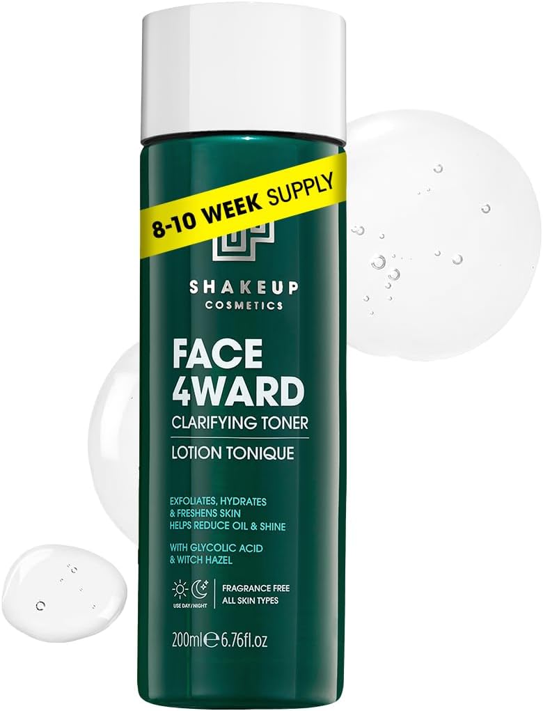 Shakeup Cosmetics Mens Skin Clearing Toner, Clarifying, Gently Exfoliates with Glycolic Acid & Witch Hazel, Reduces Oil & Shine, Vegan Formula, 200ml. Aka. FACE 4WARD CLARIFYING Toner