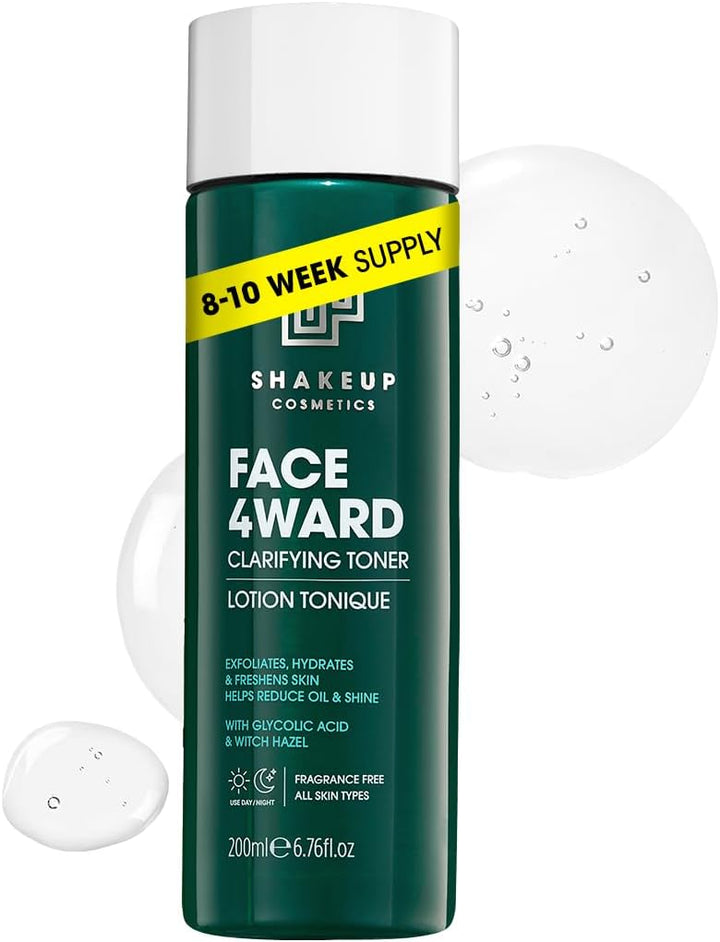 Shakeup Cosmetics Mens Skin Clearing Toner, Clarifying, Gently Exfoliates with Glycolic Acid & Witch Hazel, Reduces Oil & Shine, Vegan Formula, 200ml. Aka. FACE 4WARD CLARIFYING Toner Halalzen