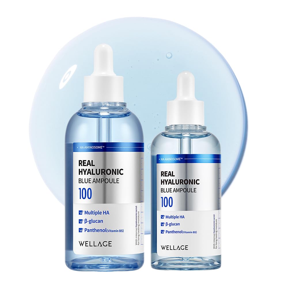 WELLAGE Real Hyaluronic Blue Ampoule 100, Korean Hydrating Serum for Face, Fragrance Free Hyaluronic Acid Deep Moisturizing Serum with Panthenol, PDRN for Sensitive Dry Skin Moisturizer, 2.54 Fl Oz_R Halalzen