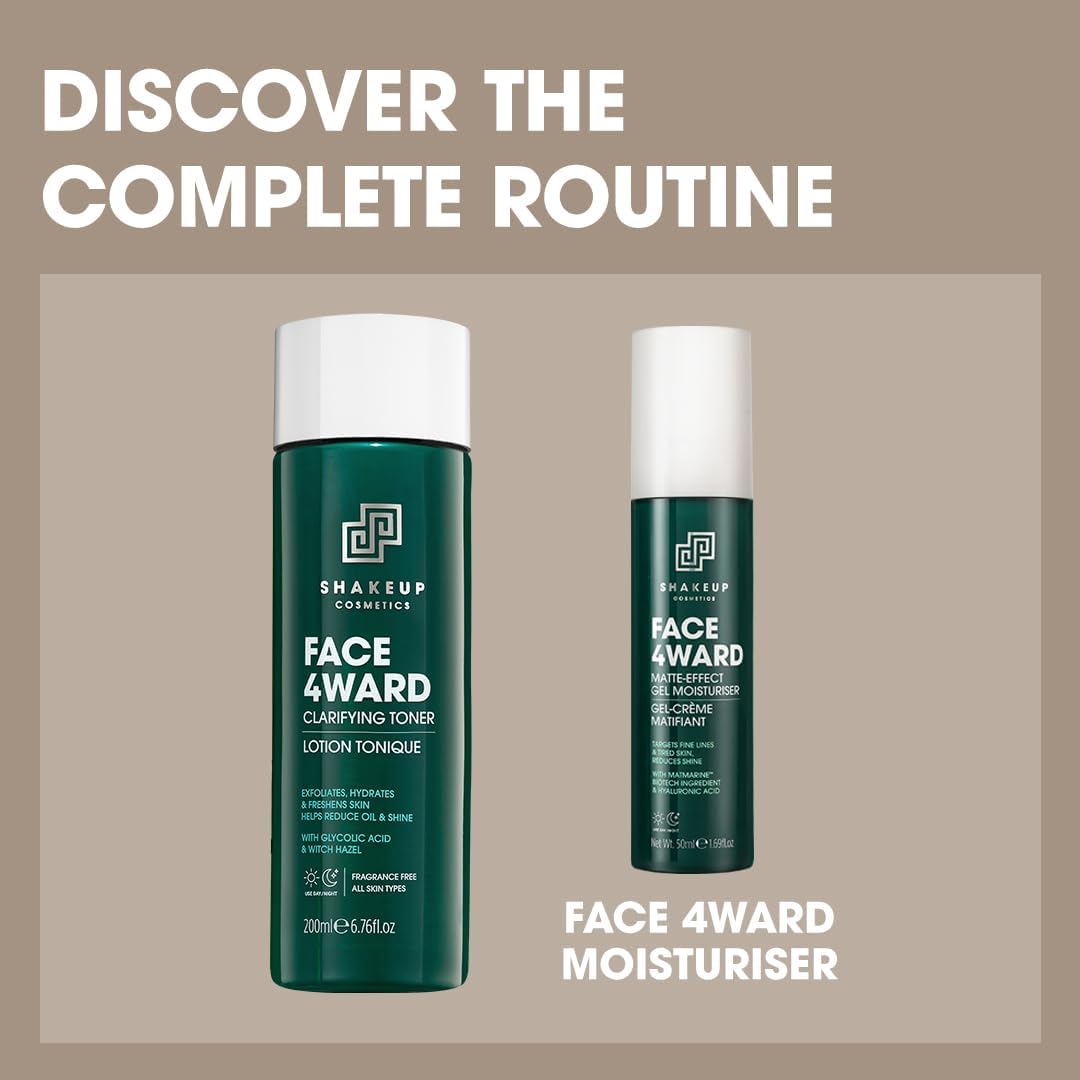 Shakeup Cosmetics Mens Skin Clearing Toner, Clarifying, Gently Exfoliates with Glycolic Acid & Witch Hazel, Reduces Oil & Shine, Vegan Formula, 200ml. Aka. FACE 4WARD CLARIFYING Toner