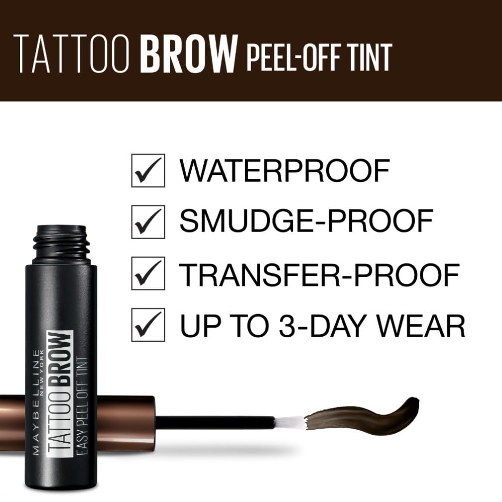 Maybelline New York Tattoo Brow Peel Off Eyebrow Gel Tint, Semi-Permanent Colour, Waterproof, Lasts up to 3 Days, Colour: Dark Brown