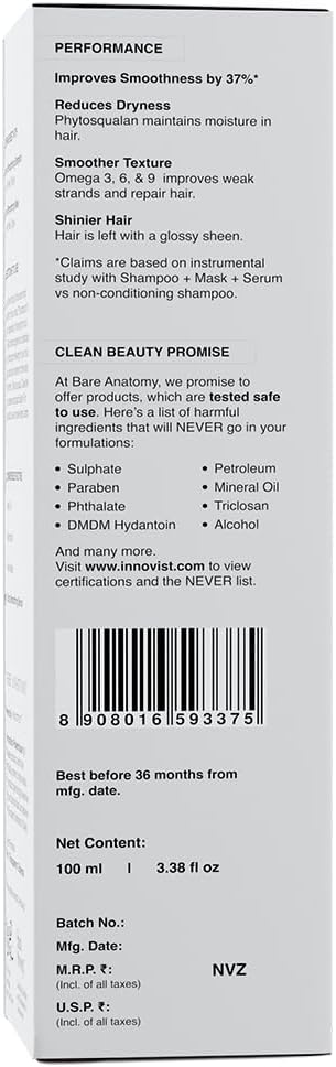 Bare Anatomy Ultra Smoothing Hair Serum Powered By Carbohydrate Complex & Niacinamide | Serum for Smooth & Shiny Hair | For Dry & Frizzy Hair | Women & Men | 100ml