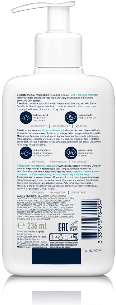 CeraVe Blemish Control Cleanser, 2% Salicylic Acid Face Wash with Niacinamide & 3 Essential Ceramides, Exfoliates & Clears Clogged Pores for Blemish-Prone Skin, Developed with Dermatologists, 236ml