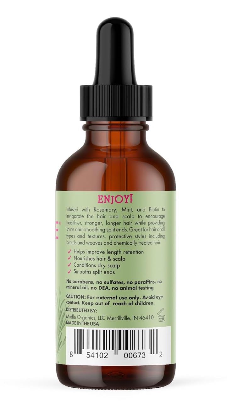 Huile capillaire Mielle Organics Romarin & Menthe - Huile fortifiante à la biotine pour cheveux abîmés et crépus - Traitement pointes fourchues et cuir chevelu sec pour des mèches plus longues et plus saines, 59 ml