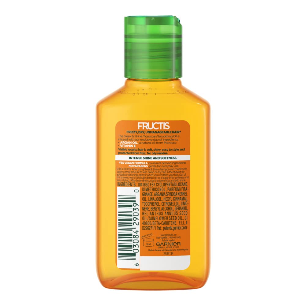 Garnier Fructis Sleek & Shine Moroccan Sleek Smoothing Oil for Frizzy, Dry Hair, Argan Oil, 3.75 Fl Oz, 2 Count (Packaging May Vary) Halalzen