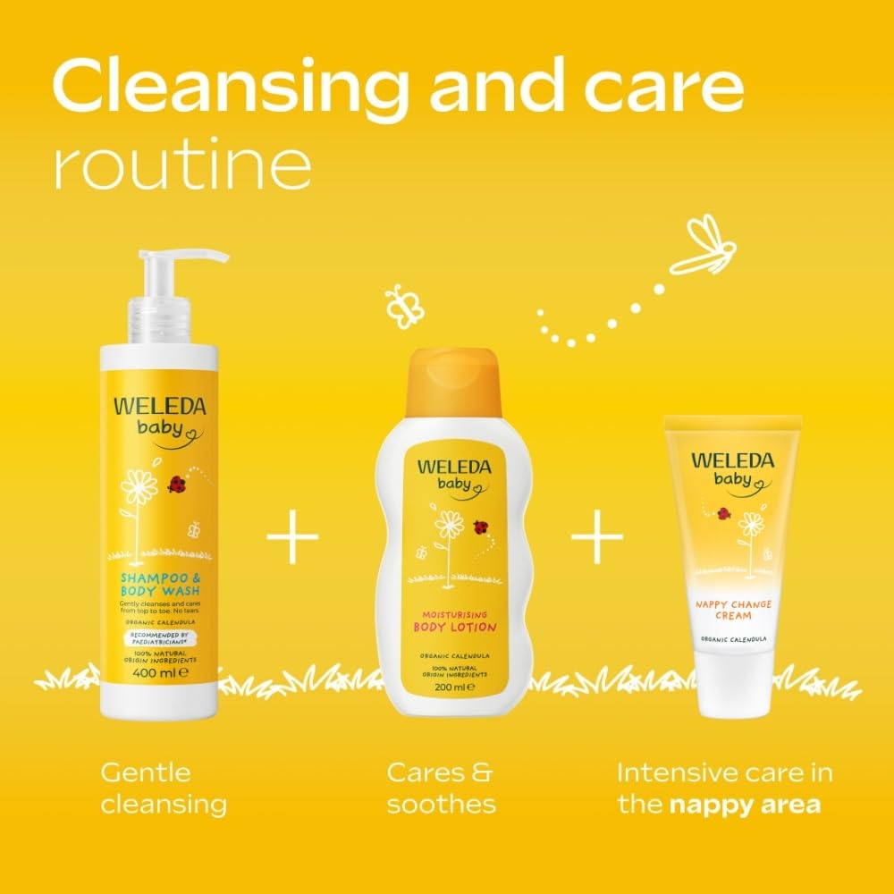 Weleda Baby Shampoo & Body Wash w. Calendula, Sensitive Kids Shampoo & Baby Bath Wash, Baby Face Wash & baby Shower Cream in One, by Weleda Baby Skincare - 200ml