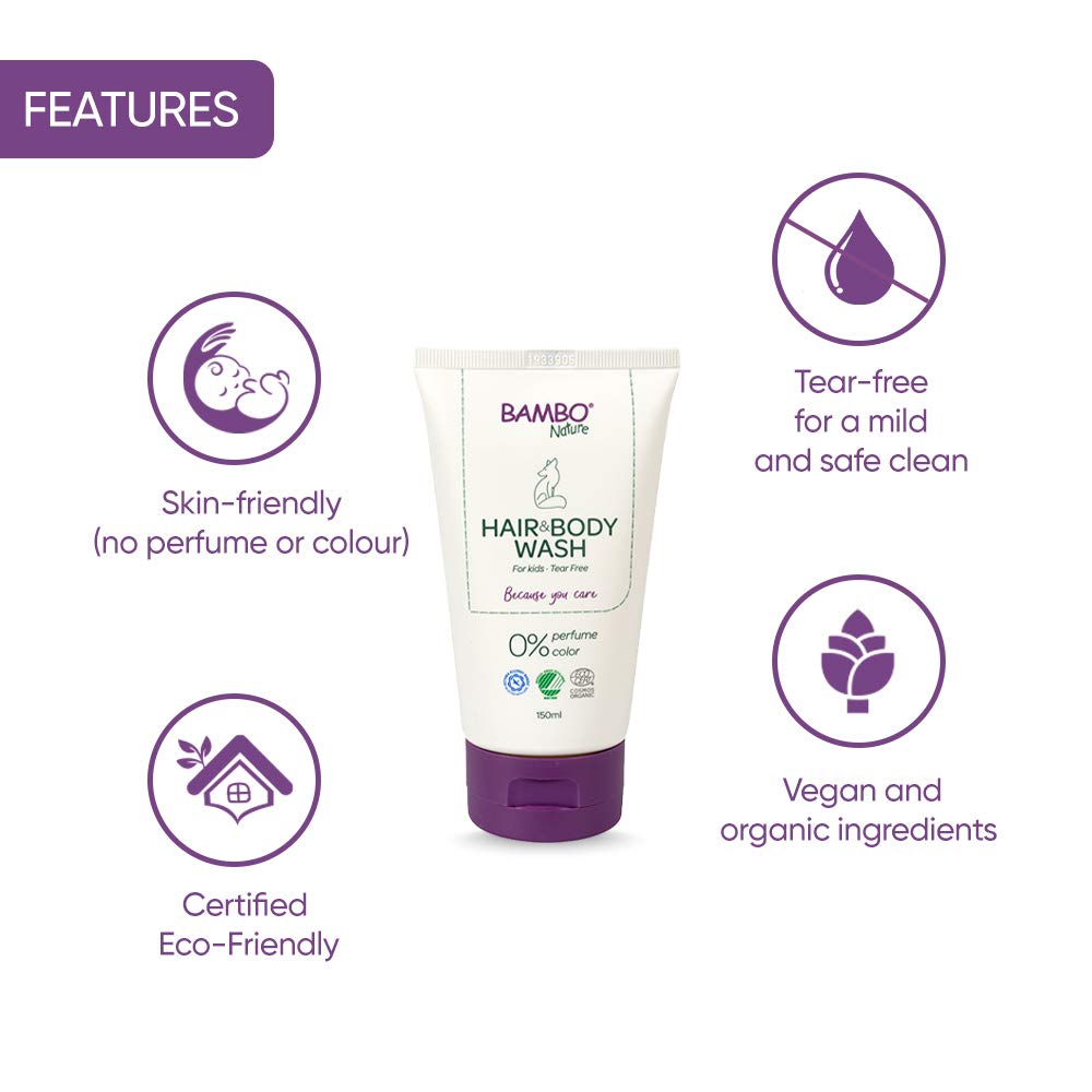 Bambo Nature Kids Shampoo and Body Wash, 150ml,Bath Wash For Sensitive Skin, Tear-Free Shampoo, Organic and Vegan For Clean and Happy Baby, Sustainable Products