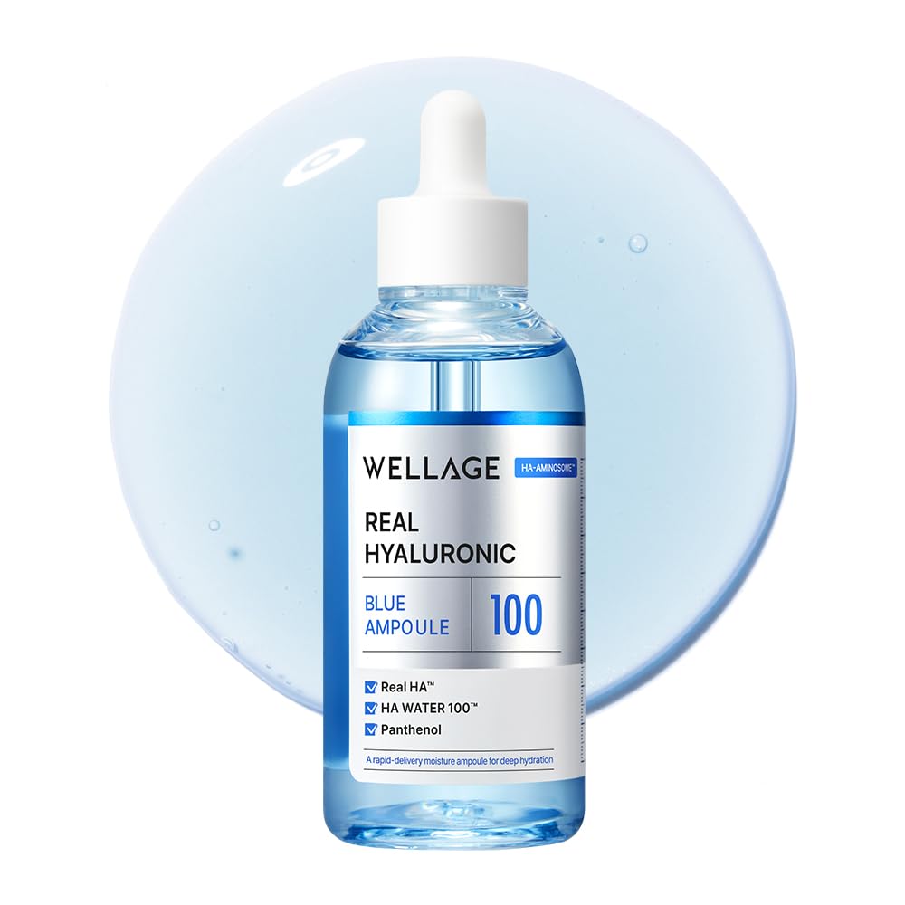 WELLAGE Real Hyaluronic Blue Ampoule 100, Korean Hydrating Serum for Face, Fragrance Free Hyaluronic Acid Deep Moisturizing Serum with Panthenol, PDRN for Sensitive Dry Skin Moisturizer, 2.54 Fl Oz_R Halalzen