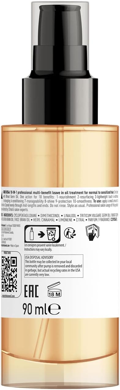 L’Oréal Professionnel Absolut Repair 10-in-1 Leave-in Oil, With Protein And Gold Quinoa for Dry And Damaged Hair, Serie Expert, 90 ml