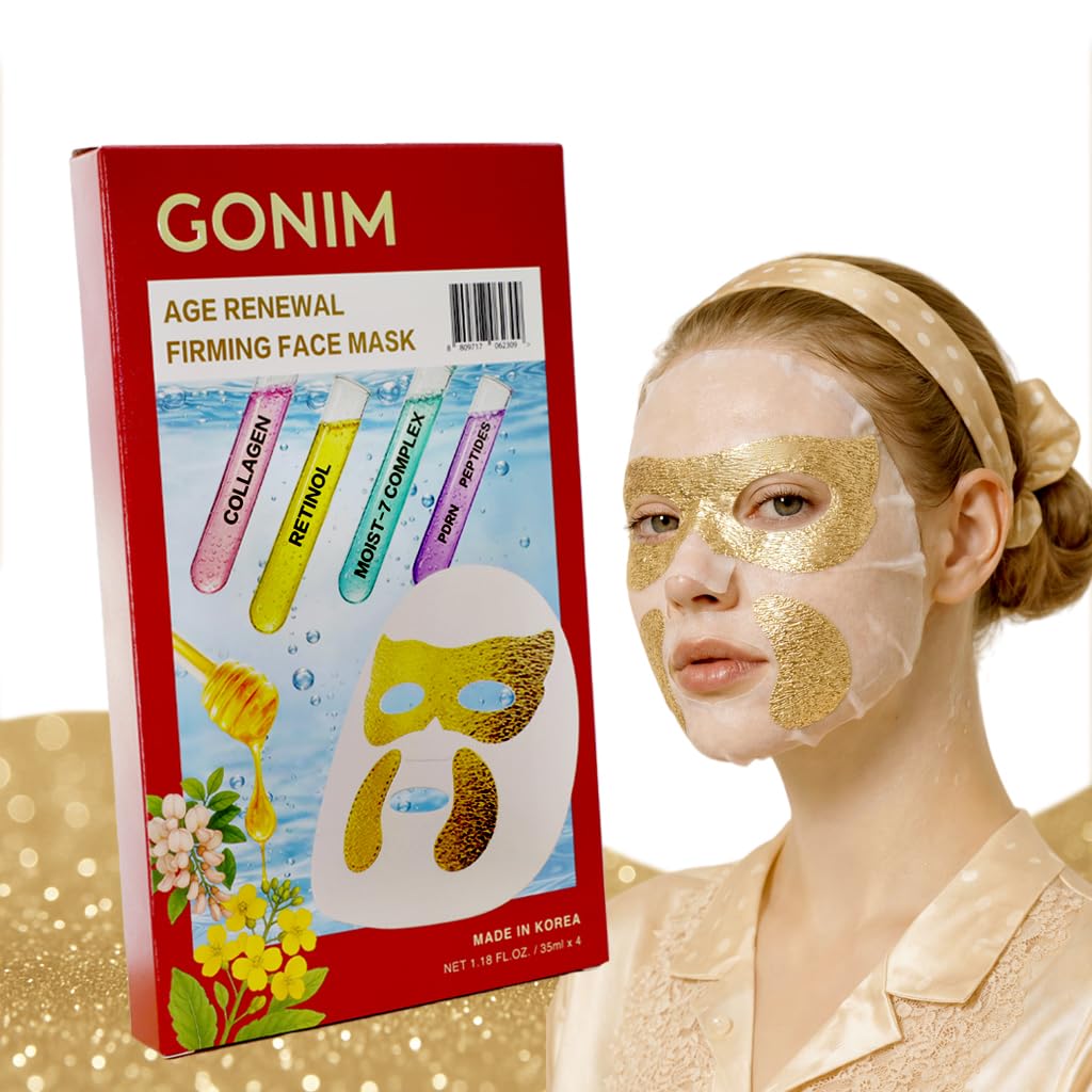 GONIM Korean Face Mask with Integrated Eye Patches with PDRN, Caffeine, Retinol, Collagen Face Mask, Hydrating Face Masks, Hyaluronic Acid Serum Sheet Mask Korean Skin Care Anti Aging 35ml/1.18ozx4 Halalzen
