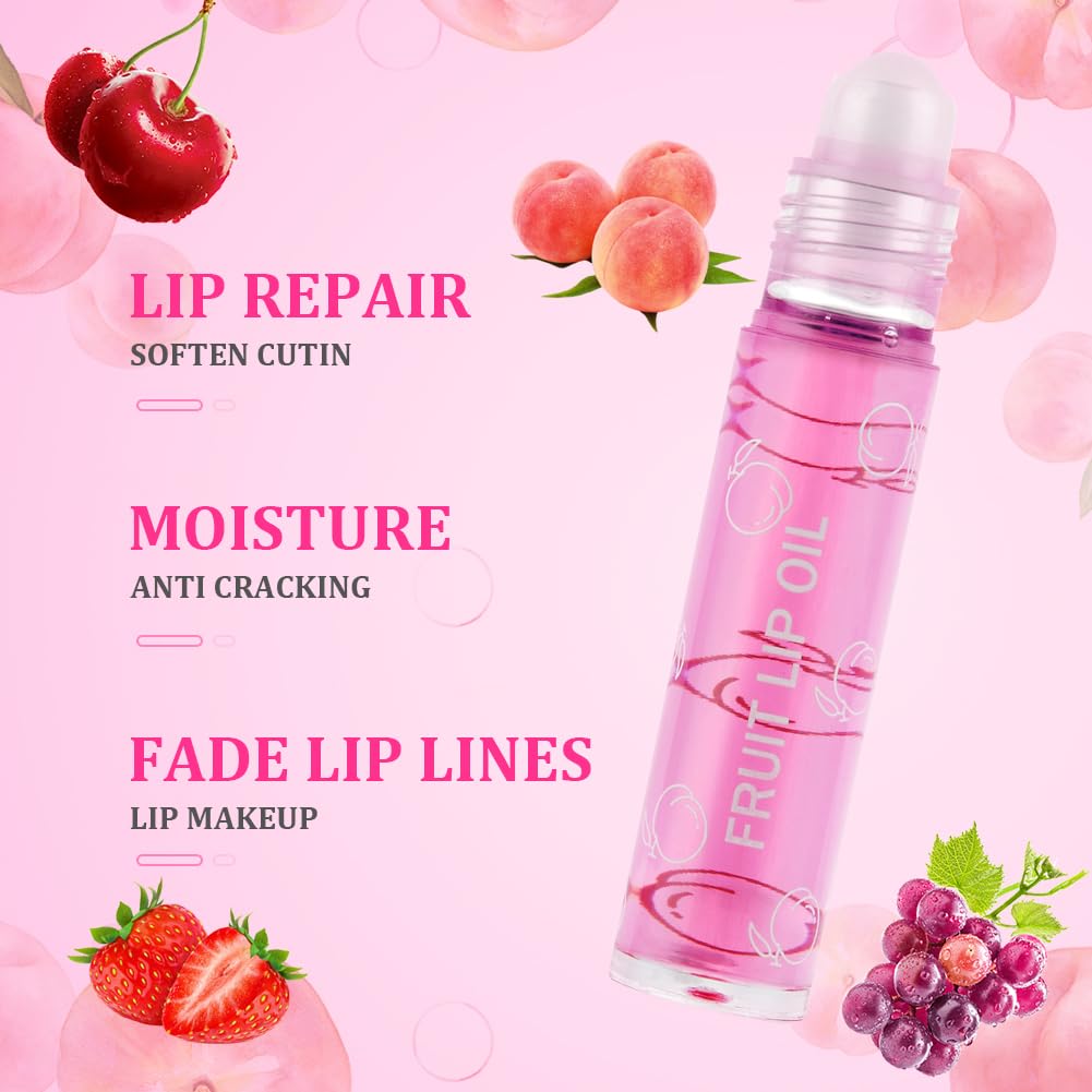 AOOWU 6 Pcs Hydrating Lip Oil Set, Fruit-Flavored Plumping Lip Oil, Long Lasting Lip Glow Balm Lip Care, Transparent Moisturizing No-Sticky Lip Gloss(Peaches,Orange,Avocado,Strawberry,Grape,Cherry)8ML
