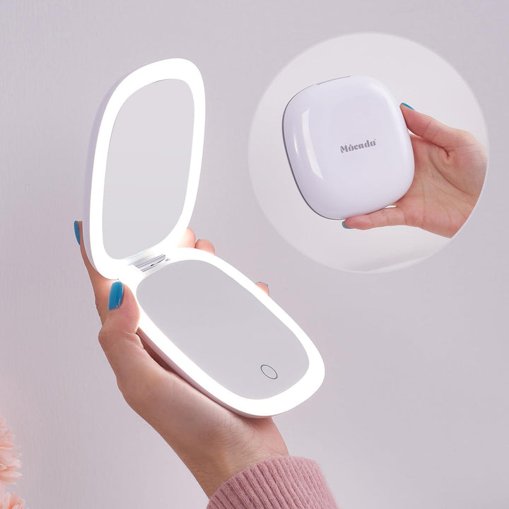 Mocado Compact Mirror with Light, 1X/10X Travel Magnifying Mirror, 10cm LED Travel Makeup Mirror with 3 Color Adjustable Lights, Double Sided USB Rechargeable & Touch Screen, Portable(White) Halalzen