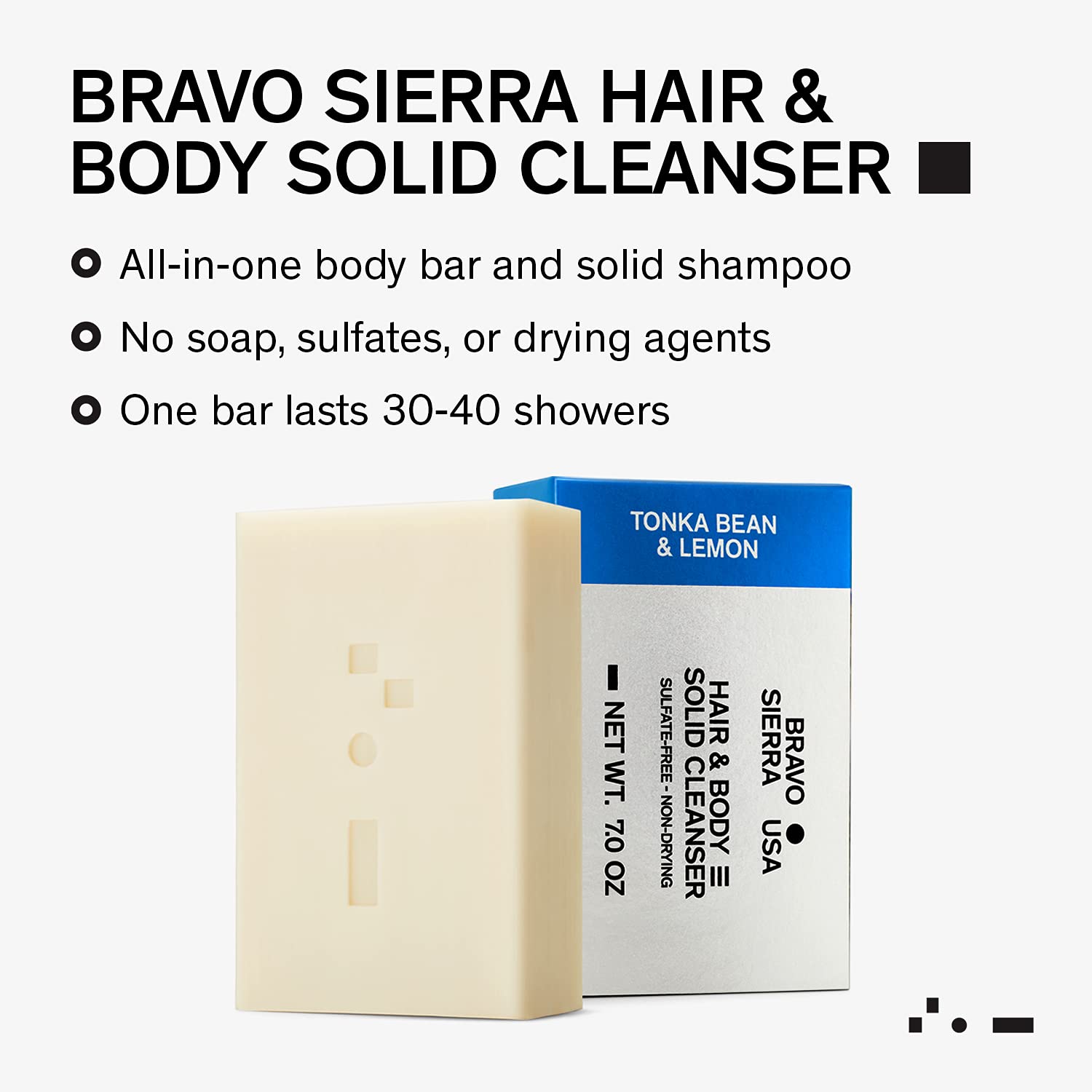 Bravo Sierra Pain de Savon Corps et Cheveux Tout-en-Un - Fève Tonka & Citron, 200 g - Noix de Coco, Beurre de Karité et Farine d'Avoine pour une Peau Douce et des Cheveux Sains
