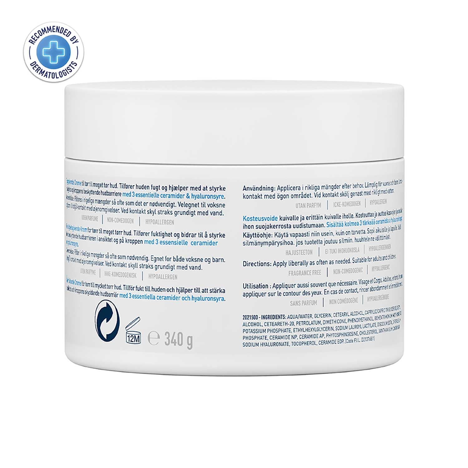 CeraVe Moisturising Cream Pot with 3 Essential Ceramides and Hyaluronic Acid for Dry to Very Dry Skin 340g, Dermatological Skincare, Fragrance-Free, Non-Comedogenic