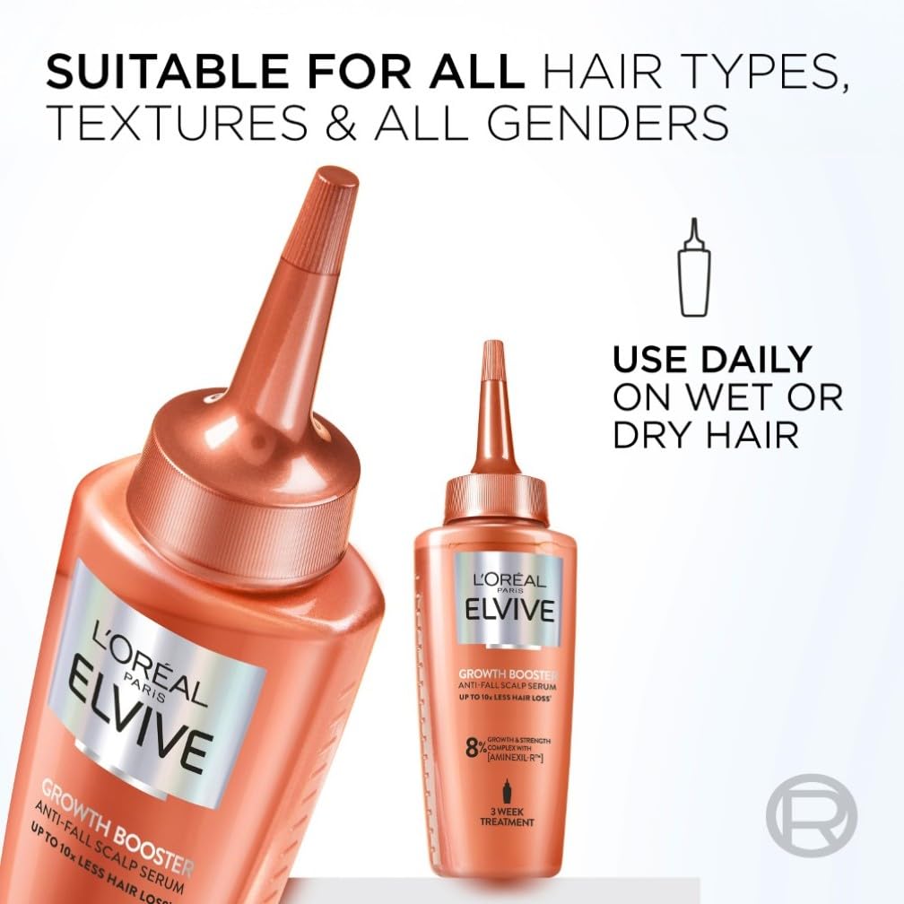 L'Oreal Paris Elvive Growth Booster Scalp Serum, Anti Hair Loss Scalp Treatment, with Aminexil, Nianimacide and Ginger Extract, Reduces Hair Loss, 102ml