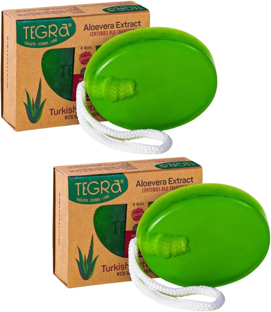 Aloe Vera Extract Turkish Bath Soap with Rope, Vegan Moisturizing Cleansing Bar for Sensitive Skin, Plant Based, 2 Pack Halalzen