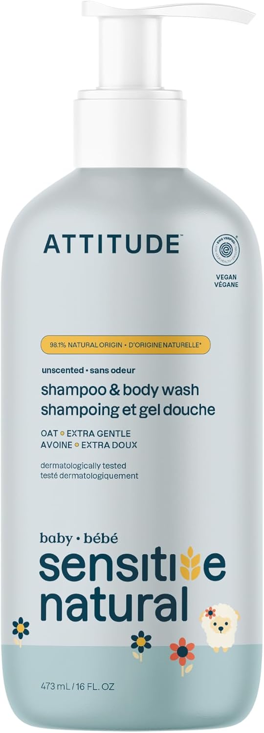 ATTITUDE 2-in-1 Shampoo and Body Wash for Baby with Sensitive Skin with Oat, EWG Verified, Dermatologically Tested, Vegan, Unscented, 473 mL