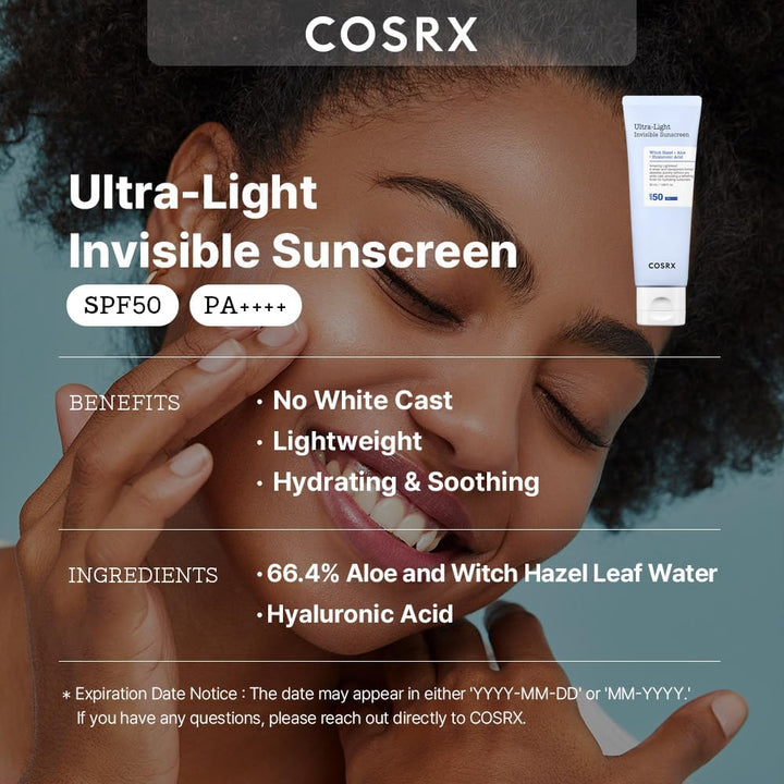 COSRX Ultra-Light Invisible Sunscreen SPF 50 Face Moisturiser, PA++++ Korean Sunscreen, Non Oily Sun Cream, UVA/UVB Protection, Daily Hydrating Sun Lotion, No White Cast 50ml Halalzen