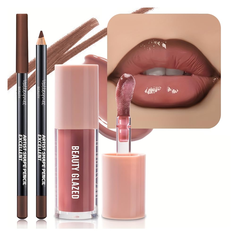 Lip Gloss and Lip Liner Set, Tinted Lip Gloss with Lip Pencil, Waterproof Long Lasting Glossy Lip Combo, Nude Lip Makeup Kit for Women (#V02+104) Halalzen