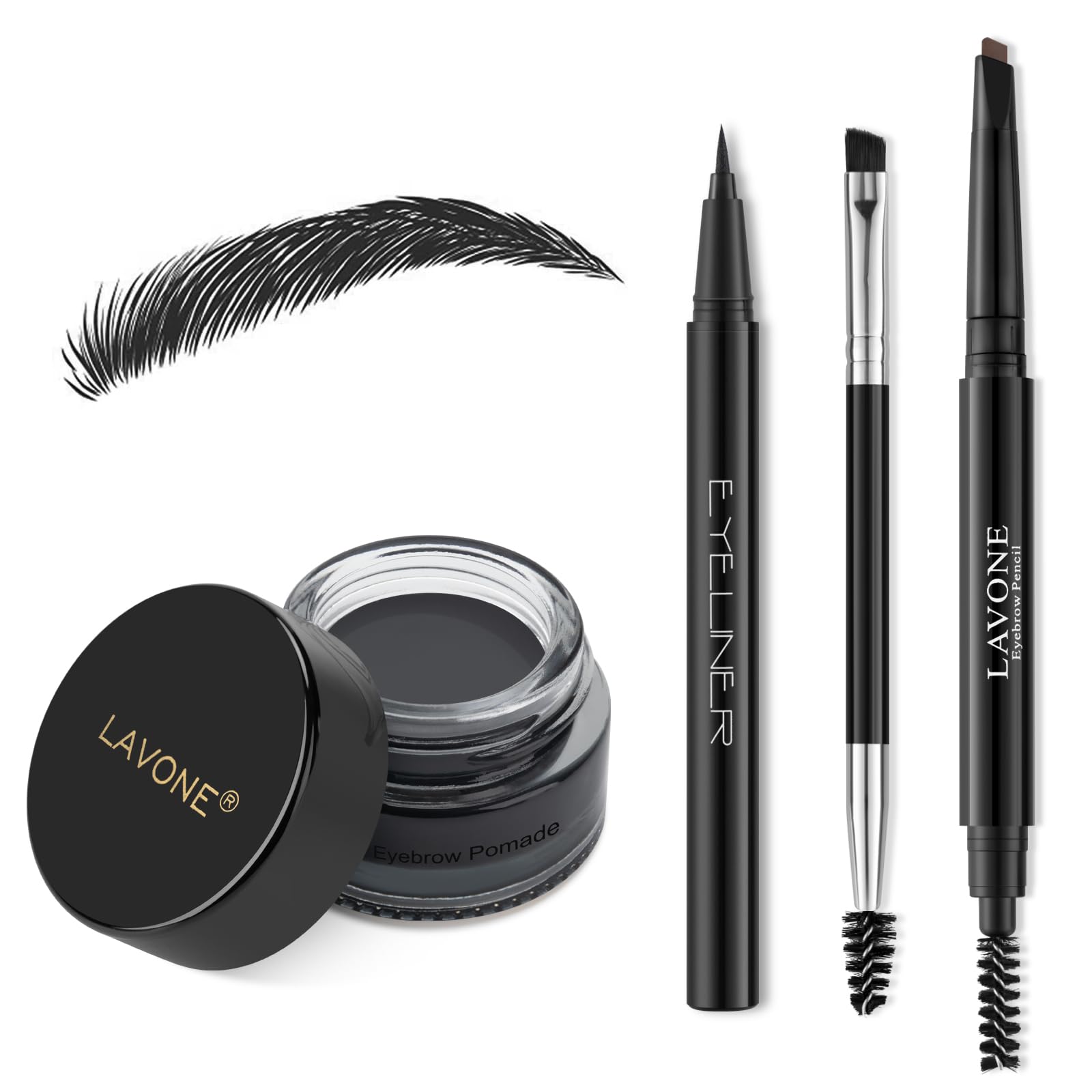 LAVONE Makeup Kit With Eyebrow Stamp Pencil, Waterproof Brow Pencil & Pomade, Eyeliner, Dual-ended Eyebrow Brush, Dark Brown