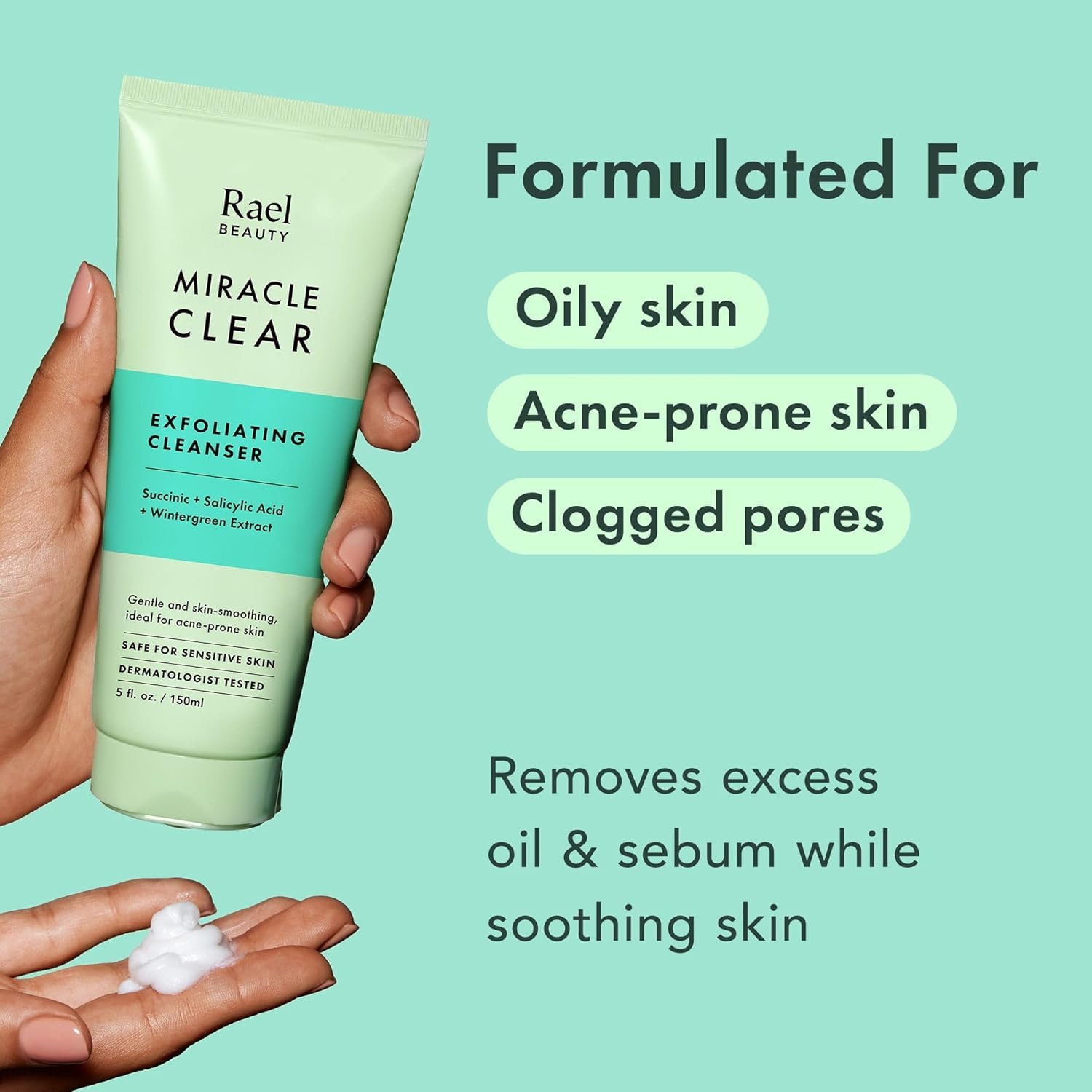 Rael Miracle Clear Facial Cleanser – Makeup Remover, Daily Face Wash, Gentle Deep Pore Cleansing Korean Skin Care for Oily & Combination Skin (Exfoliating Cleanser, 5.1 fl. oz)