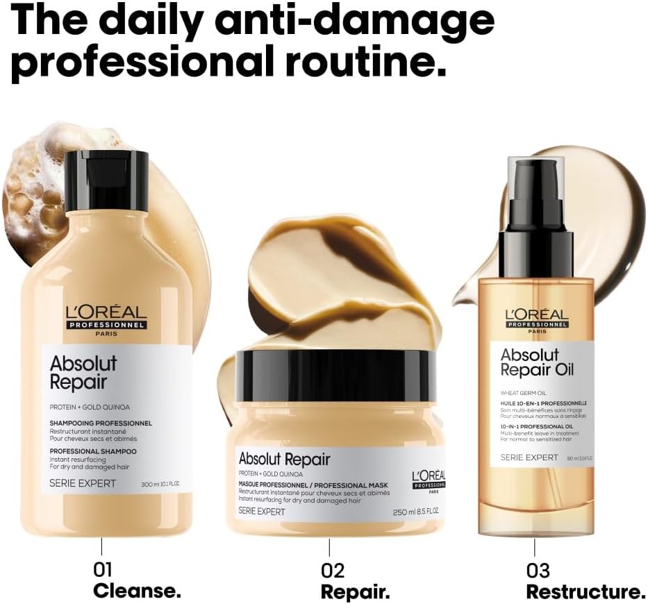 L’Oréal Professionnel Absolut Repair 10-in-1 Leave-in Oil, With Protein And Gold Quinoa for Dry And Damaged Hair, Serie Expert, 90 ml