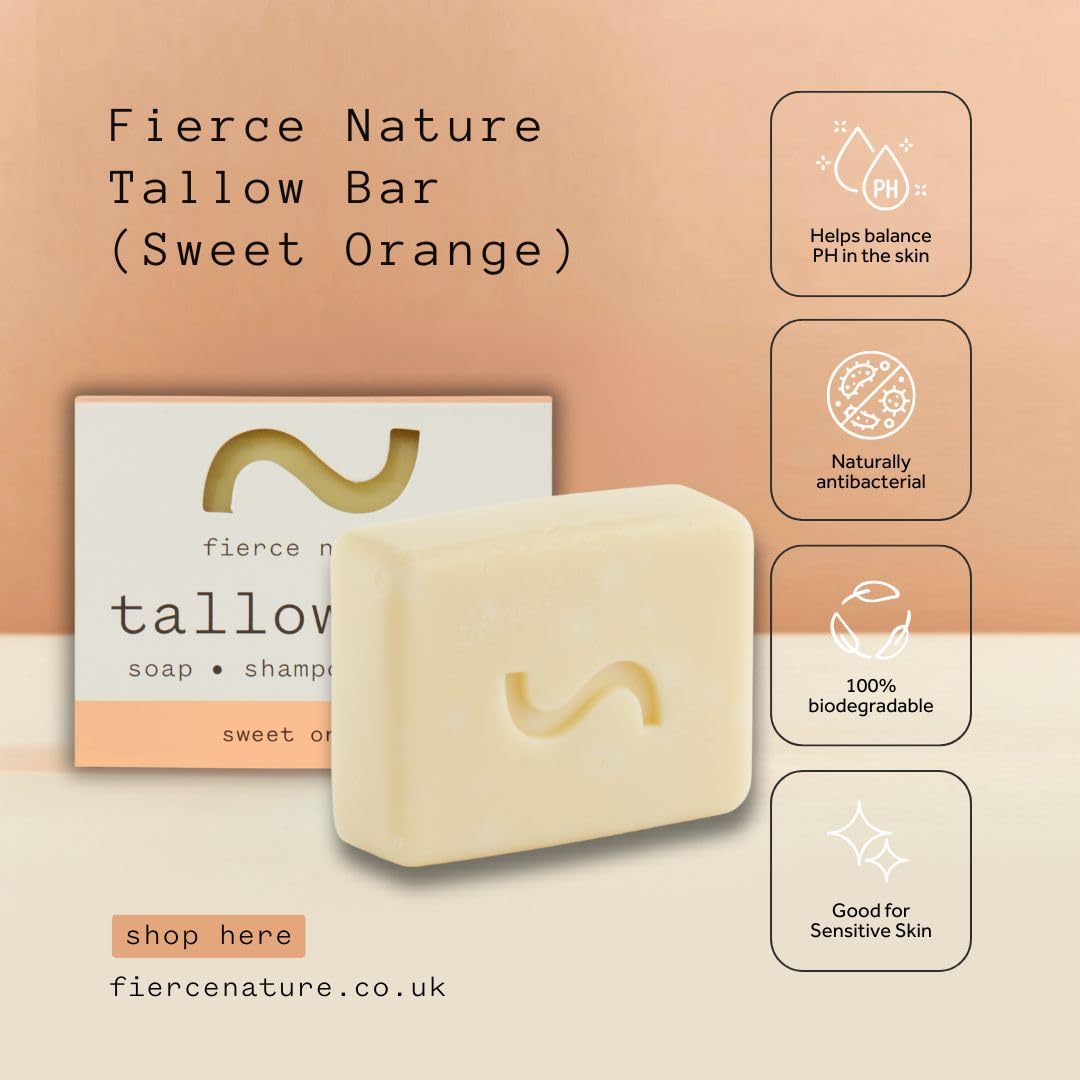 Fierce Nature Multi-Use Pure Tallow Bar | Organic & Natural Moisturising Bar for Face, Body, Hands & Hair | Non-Toxic Skincare Essential - Sweet Orange 80g Halalzen