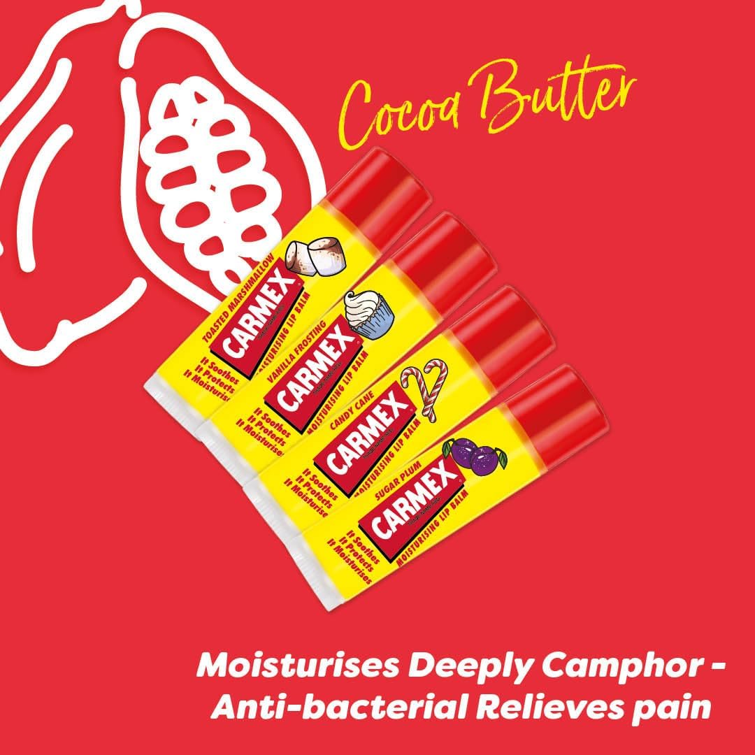Carmex Lip Balm Set – Pack of 4 | Marshmallow, Vanilla, Candy Cane & Sugar Plum | 24H Hydration | Visibly Softer Lips After 1 Use | Travel-Friendly| Clinically Proven to Reduce Dryness & Fine Lines Halalzen