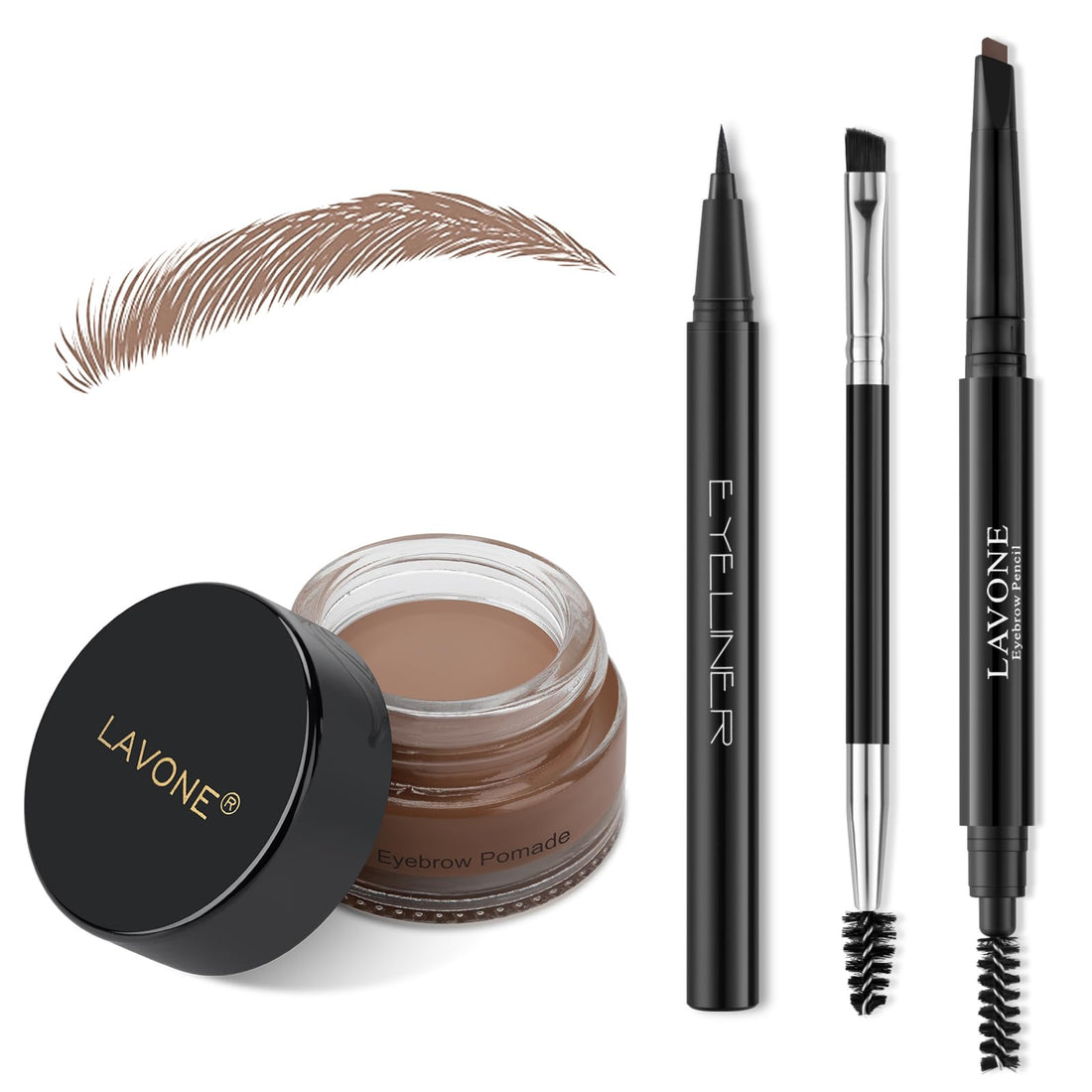 LAVONE Makeup Kit With Eyebrow Stamp Pencil, Waterproof Brow Pencil & Pomade, Eyeliner, Dual-ended Eyebrow Brush, Dark Brown
