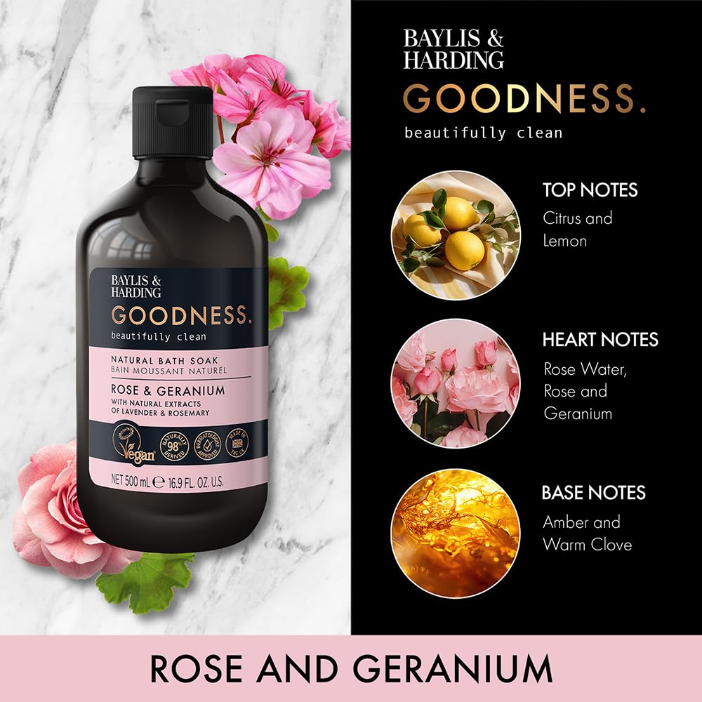 Baylis & Harding Goodness Rose & Geranium Natural Body Wash, 500 ml (Pack of 3) - Vegan Friendly