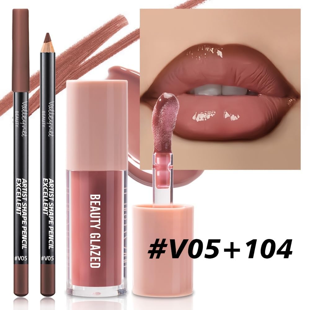 Lip Gloss and Lip Liner Set, Tinted Lip Gloss with Lip Pencil, Waterproof Long Lasting Glossy Lip Combo, Nude Lip Makeup Kit for Women (#V02+104) Halalzen
