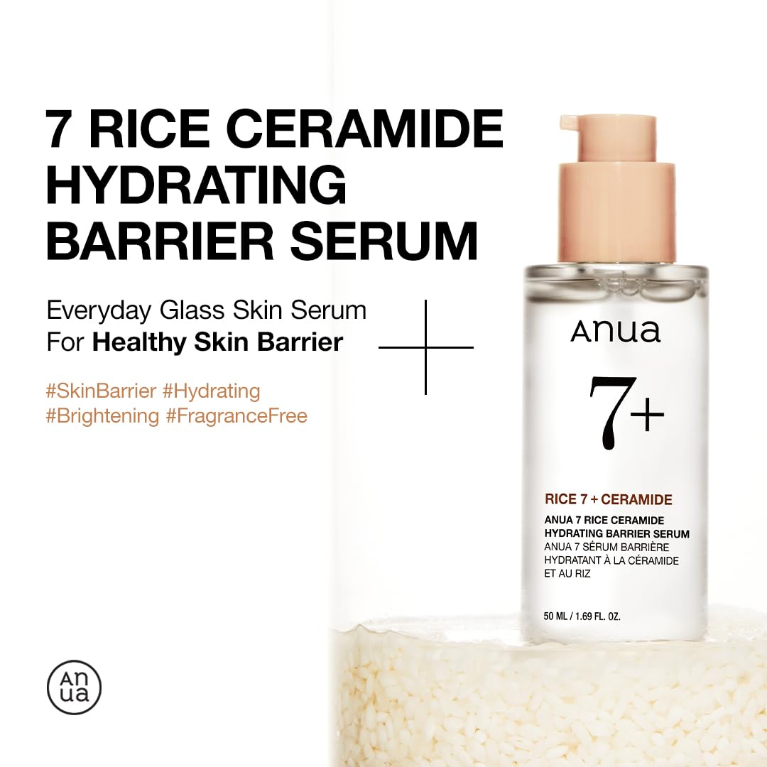 Anua Rice Ceramide 7 Hydrating Barrier Serum, Moisturizing Face Serum, Non-comodogenic, Hyaluronic Acid, Niacinamide, Lightweight, Fragrance Free, Sensitive Dry Skin, Korean Skincare, 1.69 fl oz Halalzen