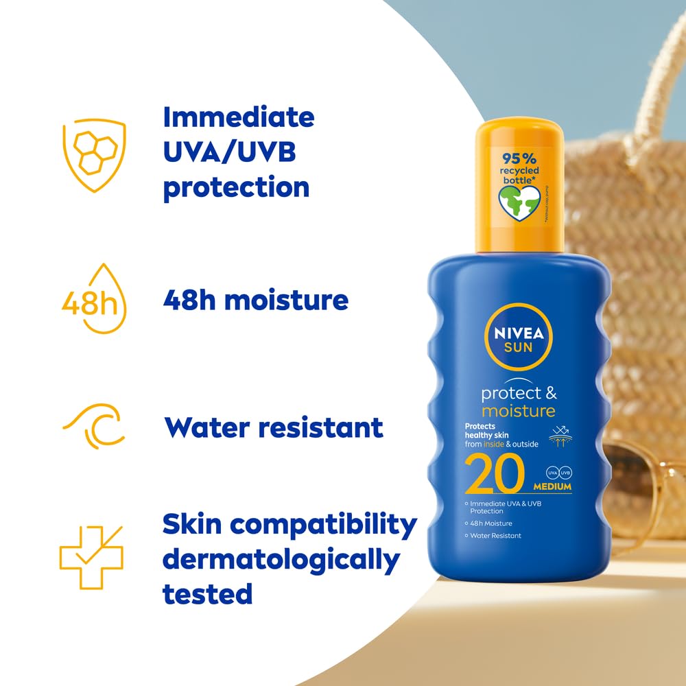 NIVEA SUN Protect & Moisture Sun Spray SPF 50+ (200ml), Moisturising Suncream Spray with Vitamin C and Hyaluron, Immediate UVA/UVB Protection, Fast-Absorbing No White Cast Formula
