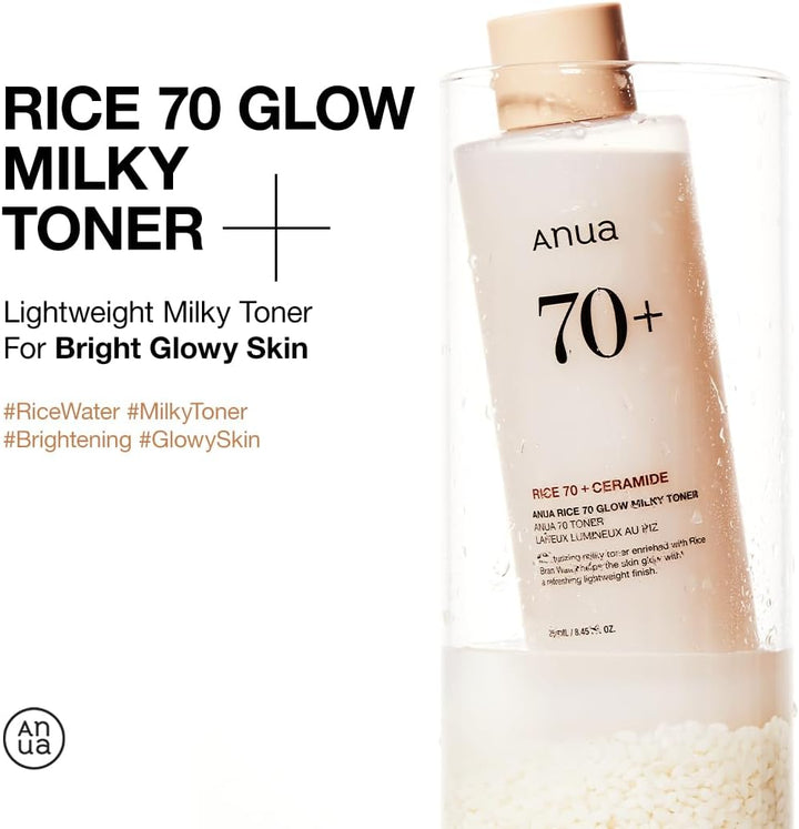 Anua Rice 70 Glow Milky Toner, Glass & Dewy Skin, Hydrating & Barrier Care, Rice Water, Niacinamide, Ceramides, All Skin Types, Fragrance-Free, Non Comedogenic, Korean Skincare, 8.45 fl.oz