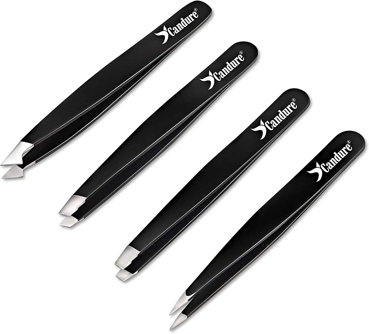 Candure Tweezers for Eyebrows - Professional Stainless Steel Slanted and Pointed Tip Hair Tweezers Set for Ingrown Hair, Blackhead Removal, Eyebrows Plucking Beauty Tool for Women Halalzen