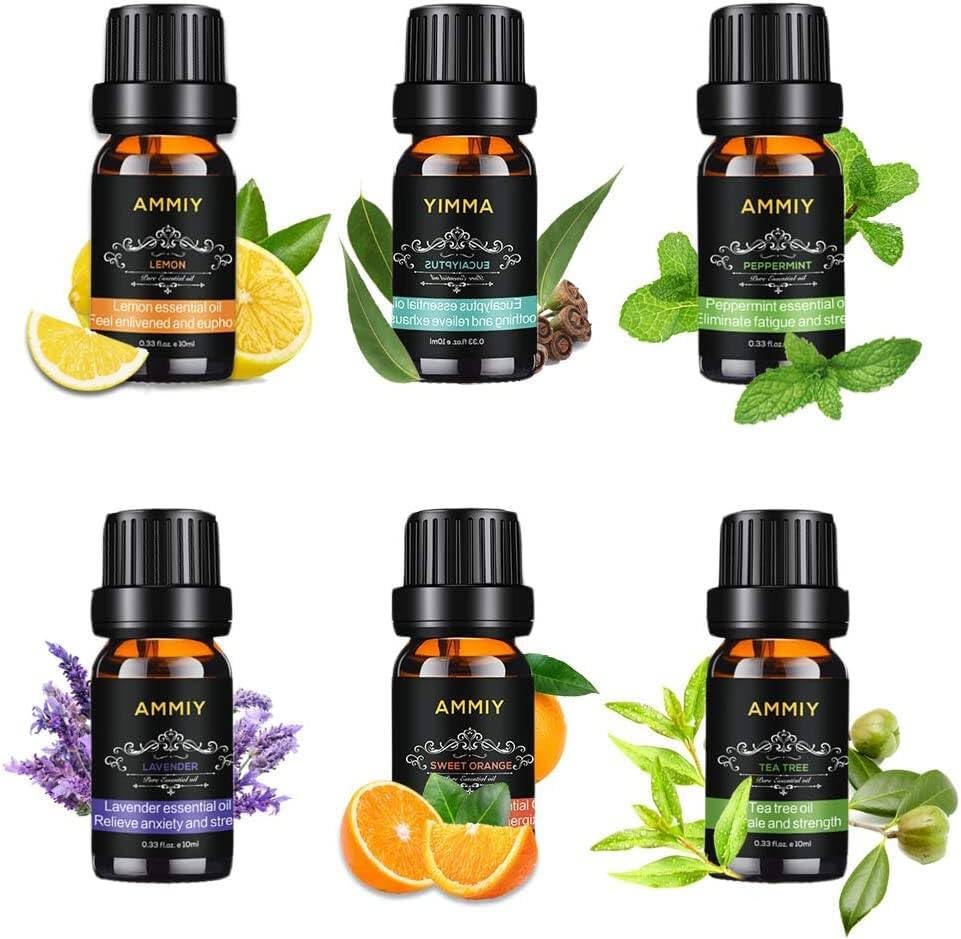 Essential Oils Gift Set, 10ml*Top 6 Relaxing Scents, Pure, Natural, Vegan Oils Including Eucalyptus, Lemon, Peppermint, Lavender, Sweet Orange and Tea Tree