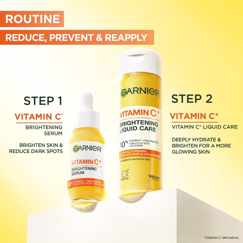 Garnier Vitamin C Brightening Liquid Care Toner with 10% Glycerin + Niacinamide + Vitamin C + Salicylic acid - Dermatologically tested, Vegan Formula, Cruelty-Free approved - 120ML