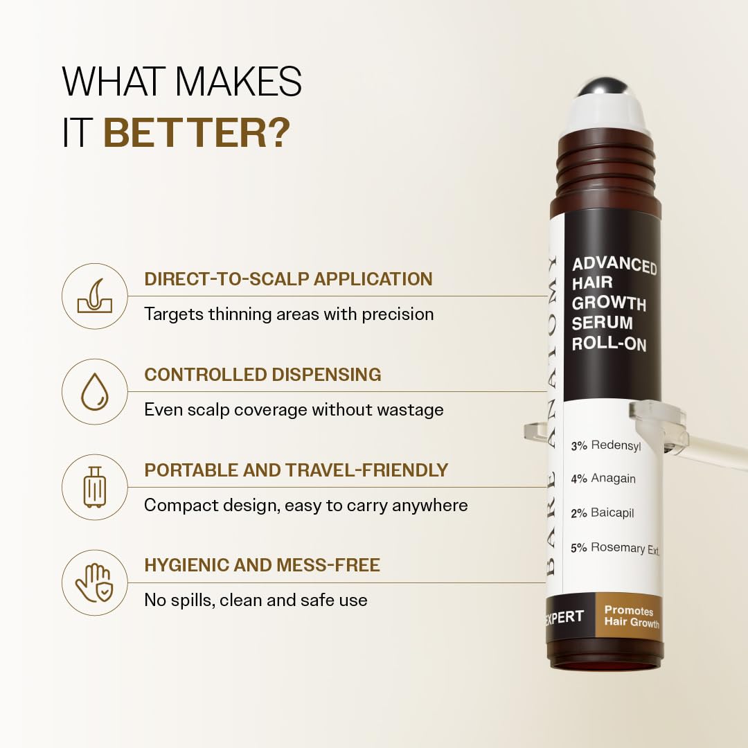 Bare Anatomy Advanced Hair Growth Serum| 3% Redensyl - 2x Better Results than Minoxidil | + 4% Anagain + 3% Baicapil | Rosemary, Biotin | Hair growth & Hair fall control serum for Women & Men | 30mL