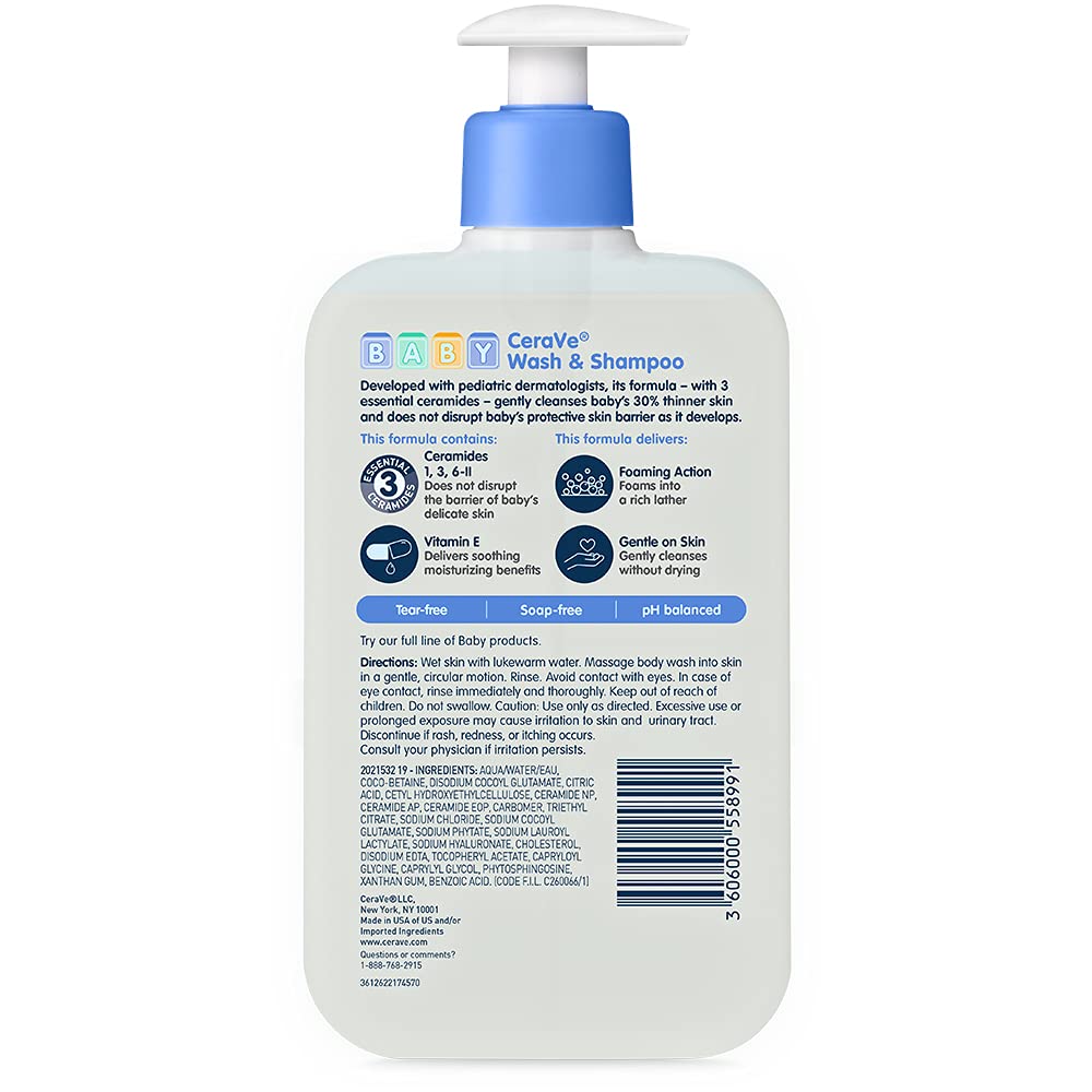 CeraVe Baby Wash & Shampoo, 2-in-1 Tear-Free for Skin Hair Fragrance, Paraben, Dye, Phthalates Sulfate Free Bath, Soap with Vitamin E 16 Ounce Halalzen