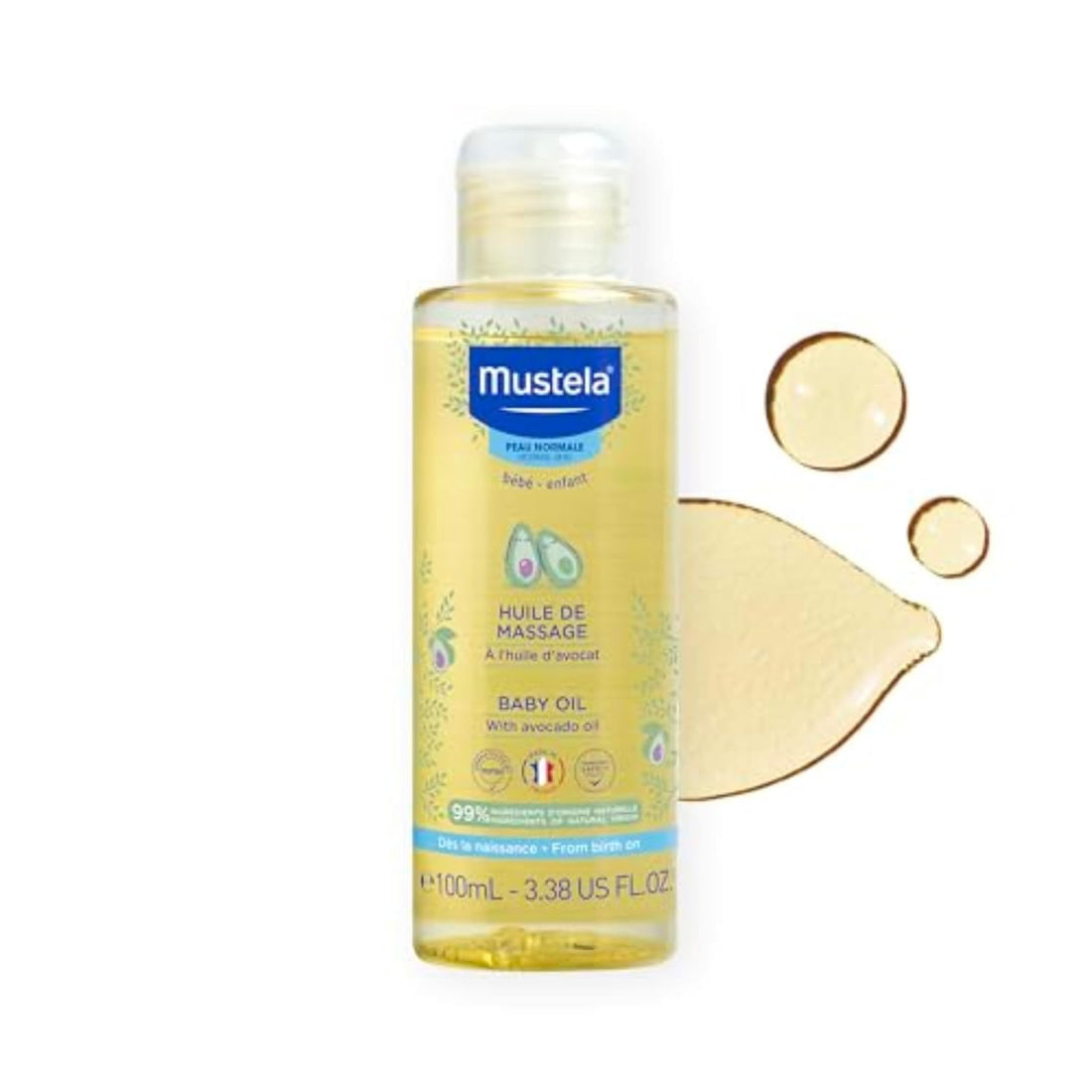 Mustela Baby Oil - Moisturizing Oil for Massage - with Natural Avocado, Pomegranate & Sunflower Oil - From birth on - 3.38 fl. Oz Halalzen