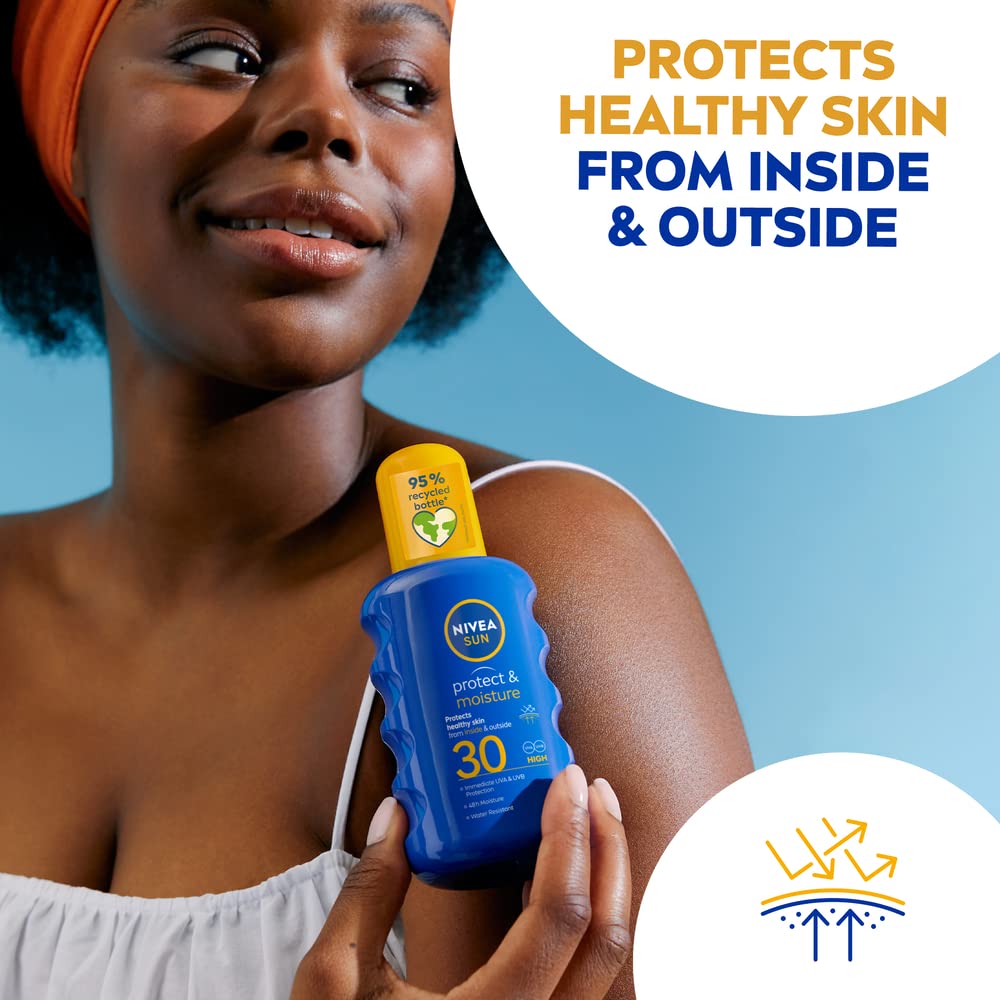 NIVEA SUN Protect & Moisture Sun Spray SPF 50+ (200ml), Moisturising Suncream Spray with Vitamin C and Hyaluron, Immediate UVA/UVB Protection, Fast-Absorbing No White Cast Formula