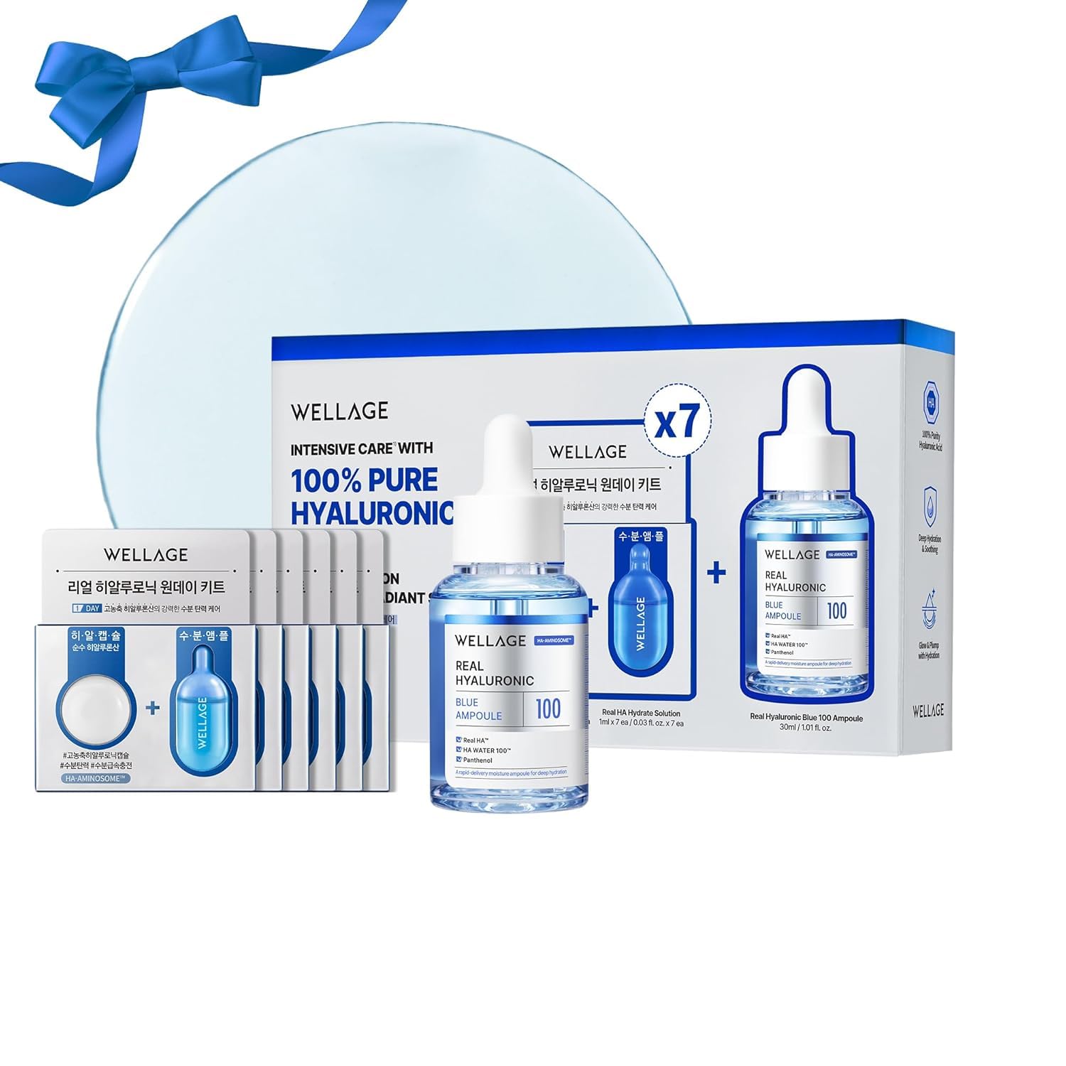 WELLAGE Real Hyaluronic Blue Ampoule 100, Korean Hydrating Serum for Face, Fragrance Free Hyaluronic Acid Deep Moisturizing Serum with Panthenol, PDRN for Sensitive Dry Skin Moisturizer, 2.54 Fl Oz_R Halalzen