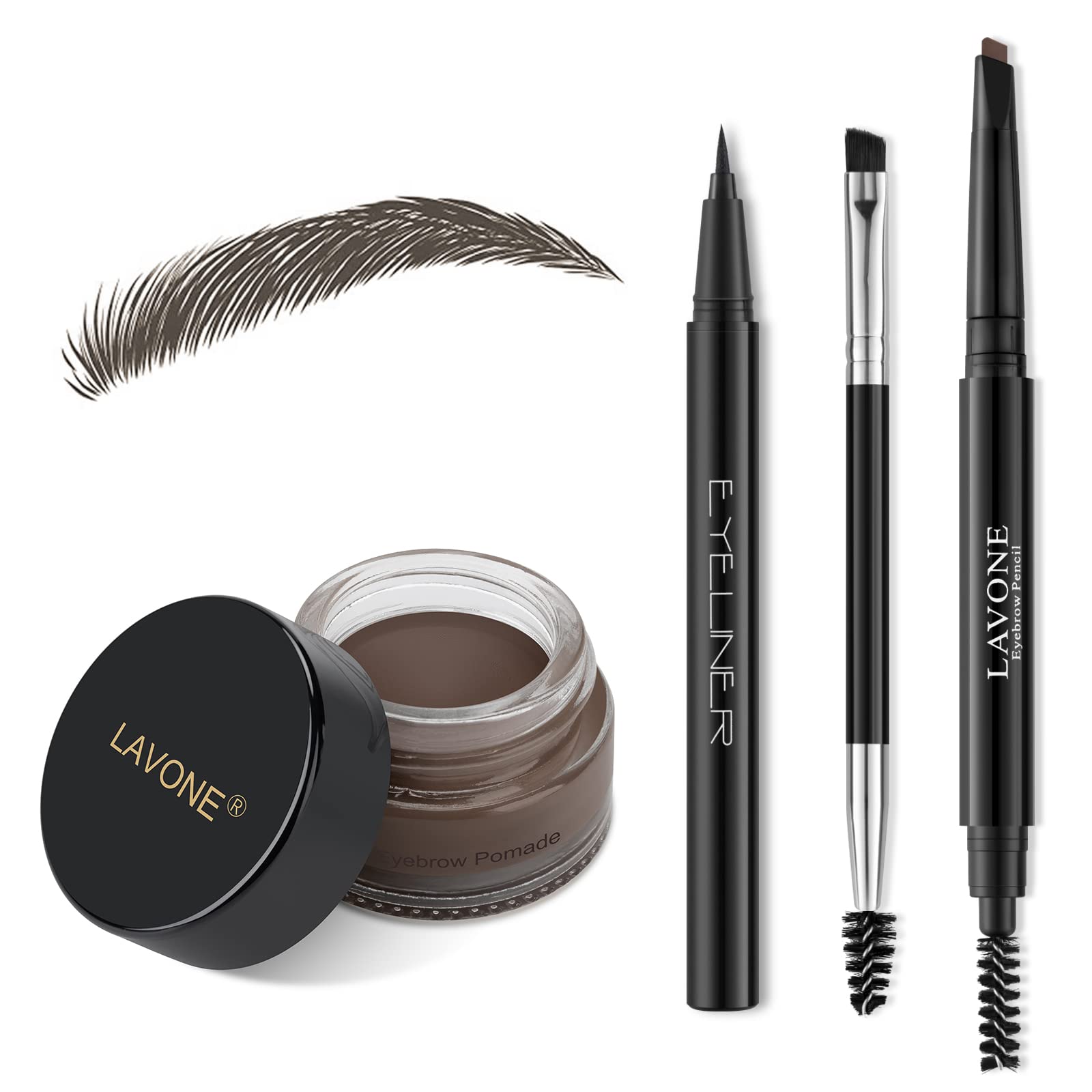 LAVONE Makeup Kit With Eyebrow Stamp Pencil, Waterproof Brow Pencil & Pomade, Eyeliner, Dual-ended Eyebrow Brush, Dark Brown